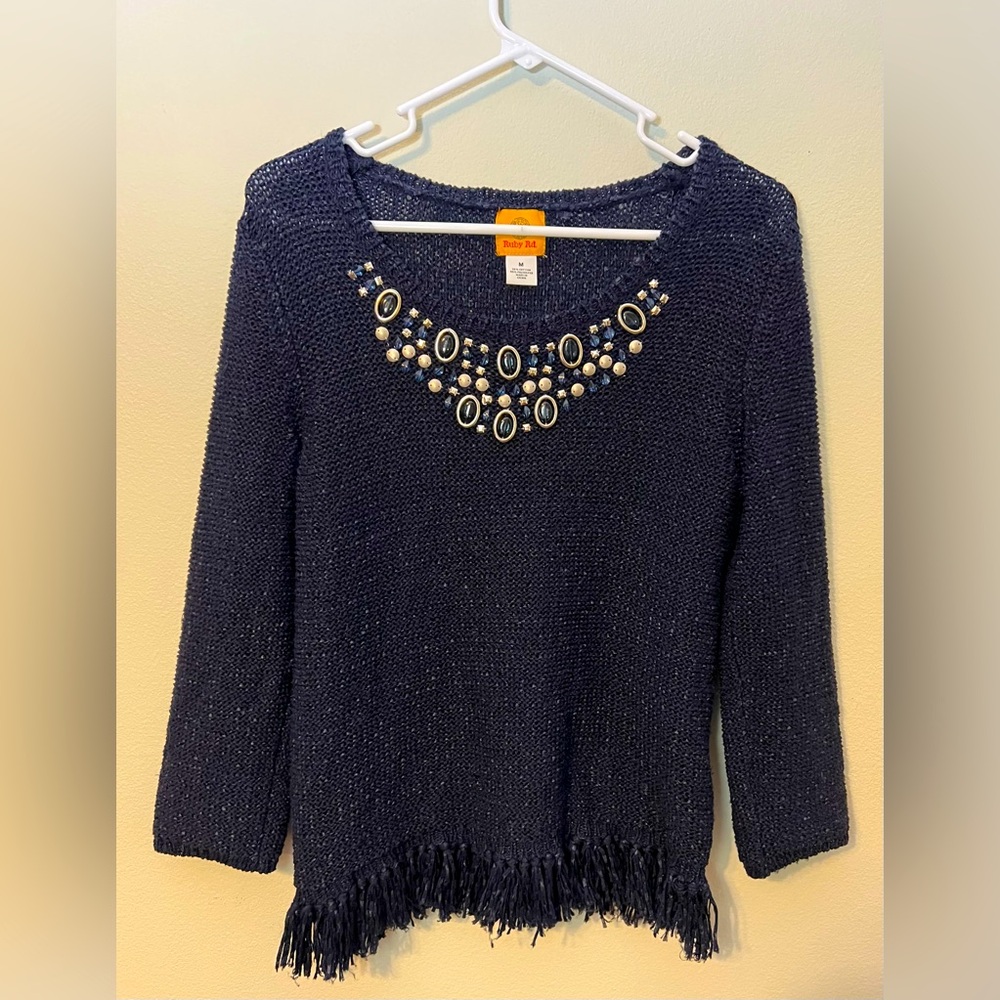 Ruby Rd Dark Navy Blue Beaded Neckline Pullover Fringe Winter Sweater!